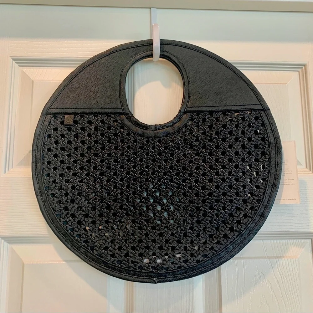 🌞 Cleobella Black Real Leather Macrame Round Circle Tote Bag